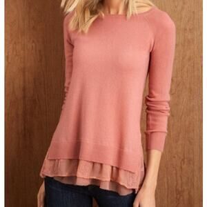 Garnet Hill Long Sleeve Cashmere Sweater Womens XS Peach Salmon Lace Boho FLAW